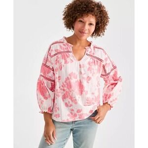 Style&Co Women Cotton Gauze Crochet Eyelet Top XL Pink Floral Cottage Bohemian